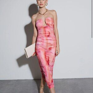 VICI Pink Printed Mesh Strapless Midi Dress XL